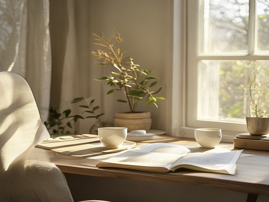 Person studying nutrition resources at a bright desk