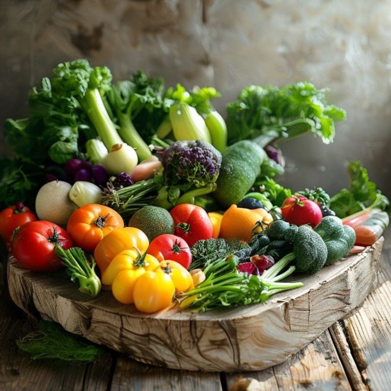 Fresh seasonal vegetables on a wooden board