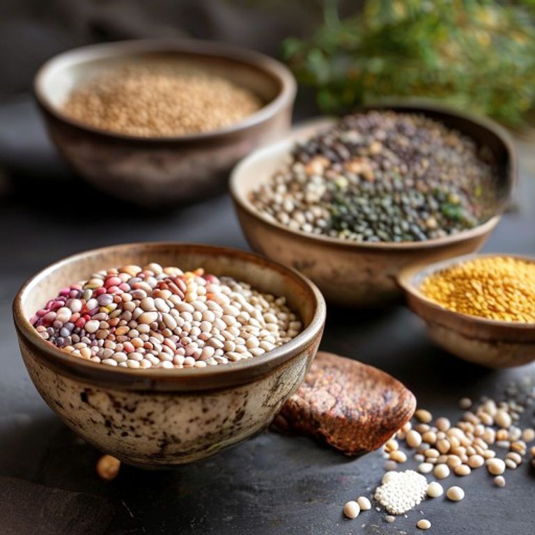 Colourful bowls with whole grains and legumes