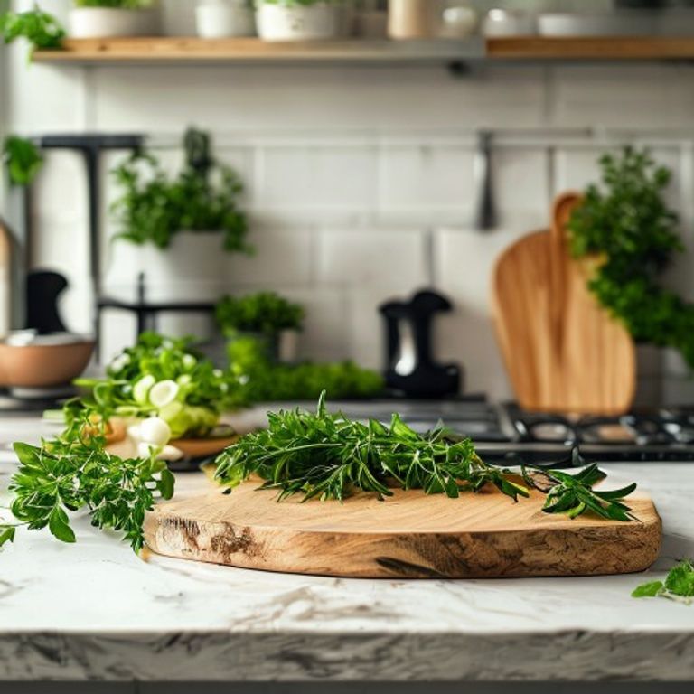 Kitchen workspace with fresh herbs and cooking tools